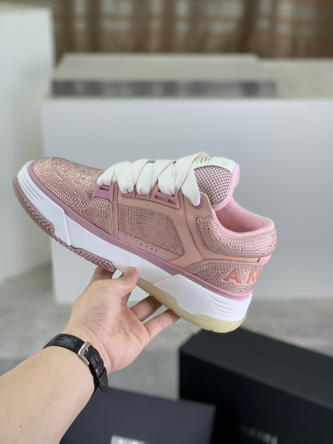 Amiri Women's Pink Leather Sneakers Rhinestone Crystal Embellished Shoes 7 cmp i1746378181711 3207 0 5