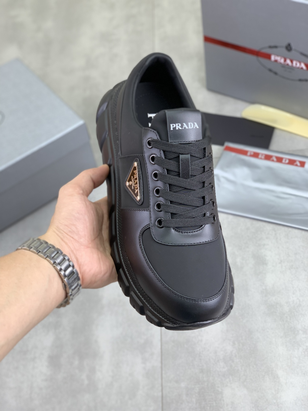 Prada Men's Leather Sneakers Classic Street Style Lace-Up Comfortable Shoes