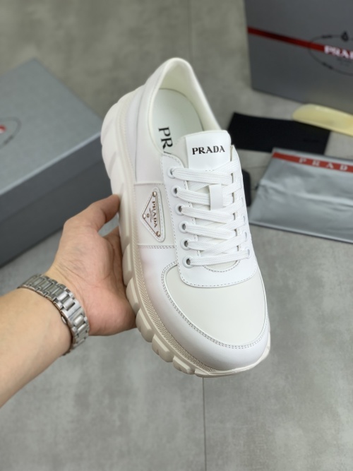 Prada Men's White Leather Lace-Up Sneakers Classic Trendy Style Shoes