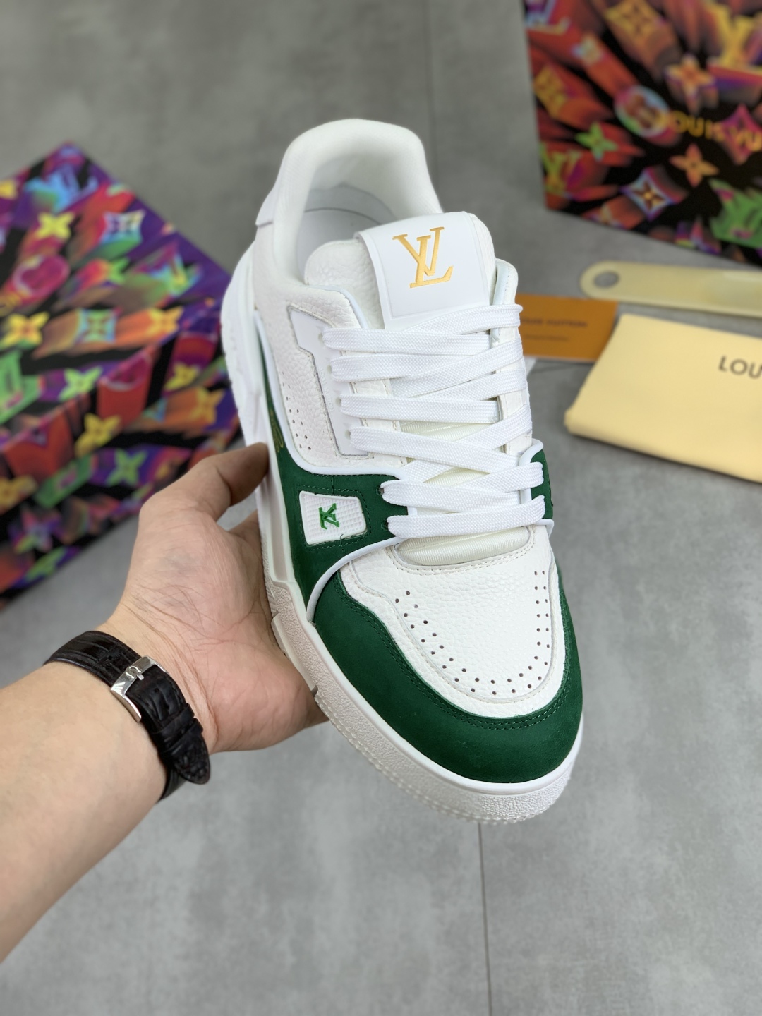Louis Vuitton Men's White & Green Leather Trainer Sneakers