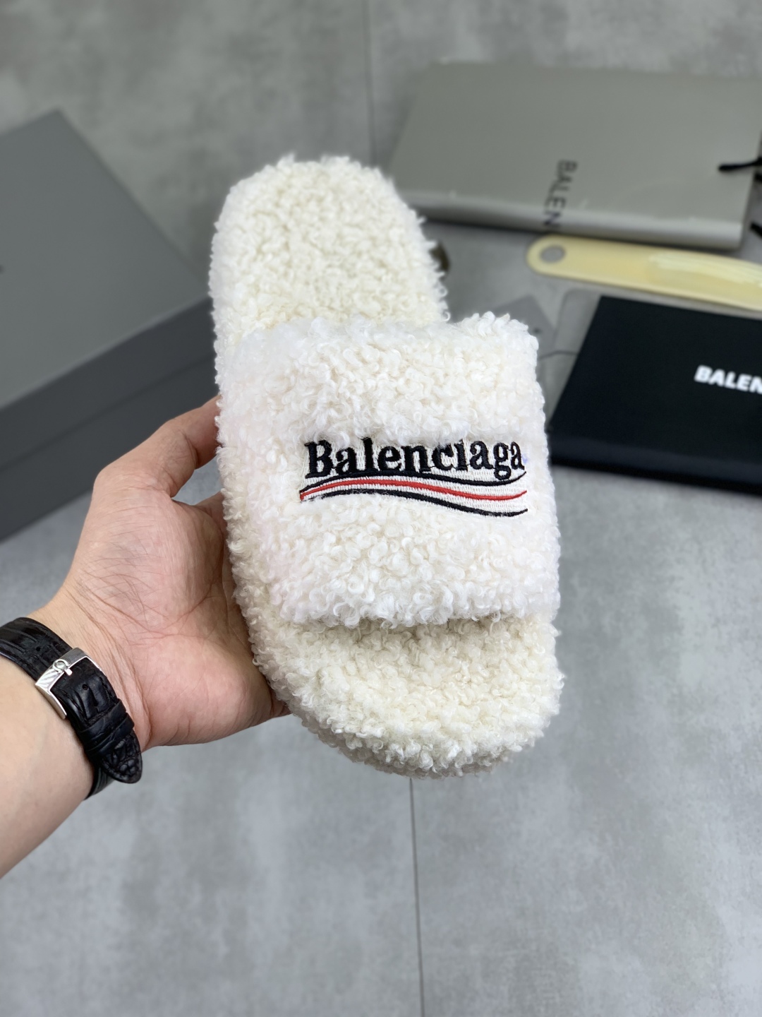 Balenciaga Teddy Bear Embroidered Logo Fluffy Thick Sole Slippers - Cozy & Cute