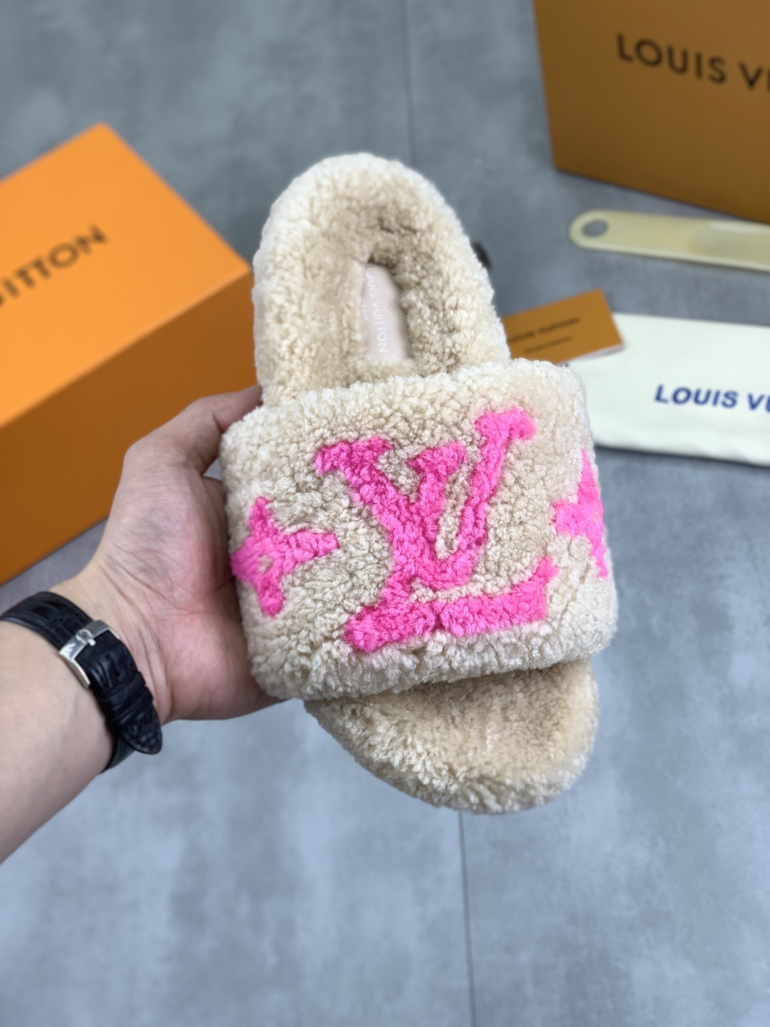 Louis Vuitton Women's Shearling Fur Pink Monogram Slides Slippers Shoes