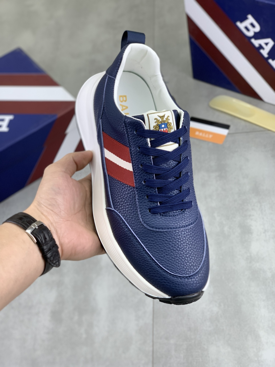 Bally Men's Classic Leather Sneaker with Red & White Stripe Detail