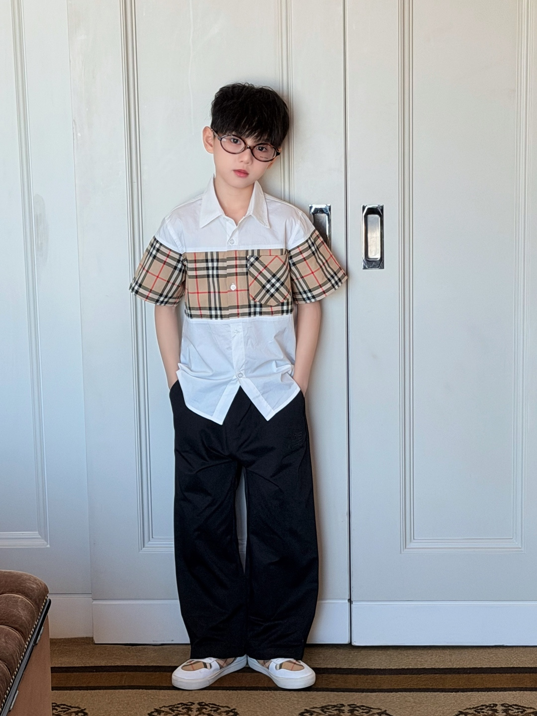 Camisa de cuadros de mezcla de colores para niños, clásico cuadro + panel blanco, ¡con mucho estilo británico! Tejido d…