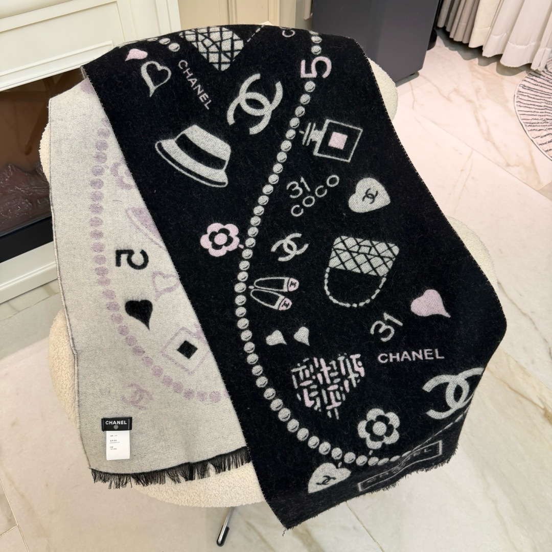 🆕Chanel 25B珍珠coco50*200cm.100%山羊绒精选顶级山羊绒/绵羊毛/桑蚕丝，融合精