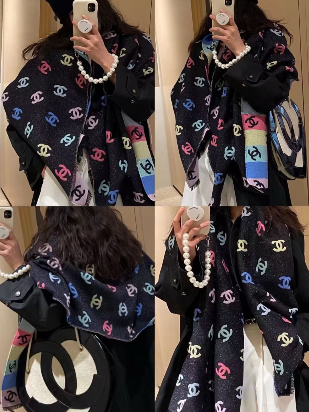 NO:704249,The most authentic product on the market, the rainbow-scented grandma that is popular all over the Internet, Chanel24C Chanel rainbow scarf, Barbie color matching, the upper body is very beautiful, Chanel rainbow scarf, chanel24c early spring new rainbow silver scarf shawl, exclusive first release, buy one = buy two, double-sided, black side with fine glitter, BlingBling is very high quality  It feels like a big piece that is warm and practical. There is also a blended fabric embellished with silver threads. The texture is soft, comfortable and versatile. Size 70*180cm, material 66 cashmere, 18 sheep wool, 12 mulberry silk, 2 metal-coated fiber, 2 nylon. Size 69*187cm high version scarf, high version scarf, chanel, chanel, shawls19860909市面最正的货,火爆了全网的彩虹香奶奶,Chanel24C香奈儿彩虹围巾,芭比的配色,上身非常好看,香奈儿彩虹围巾,chanel24c早春新品彩虹银丝围巾披肩,独家首发,买一条=买两条用,双面可用,黑色一面带有细闪,BlingBling很有质感,大大的一张保暖又实用.还有银丝线点缀混纺面料,质感柔软舒适百搭不挑人,尺寸70*180cm,材料66羊绒,18绵羊毛,12桑蚕丝,2金属镀膜纤维,2锦纶.尺寸69*187cm高版本围巾,高版本围巾,chanel,chanel,shawls,scarf