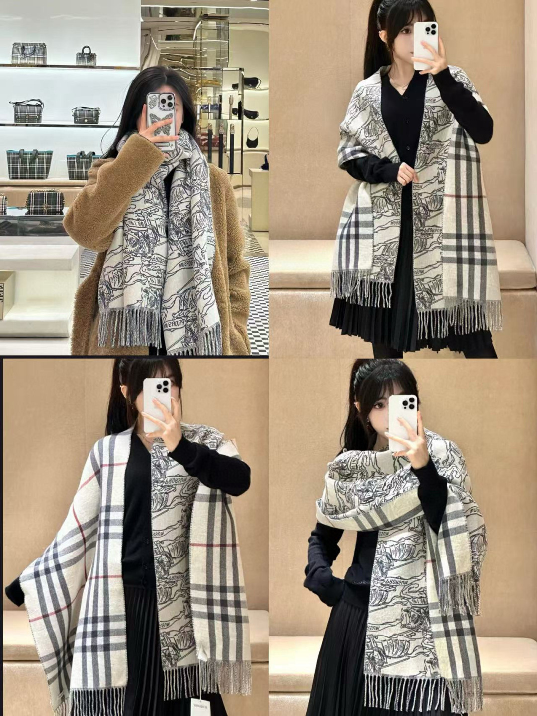 Burberry Bur马术骑士双面披肩 各种 被誉为Burberry今年最美的款 最 的提花马术战马徽标 石色格纹披肩