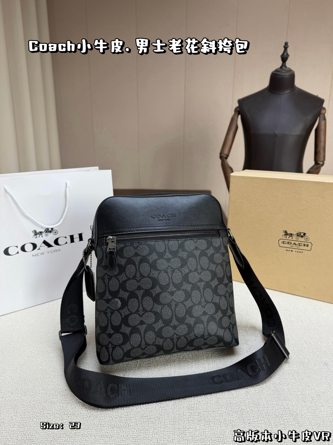 , con caja 🖤Bolso bandolera de hombre COACH con estampado clásico, PVC clásico negro con estampado + piel de becerro, …