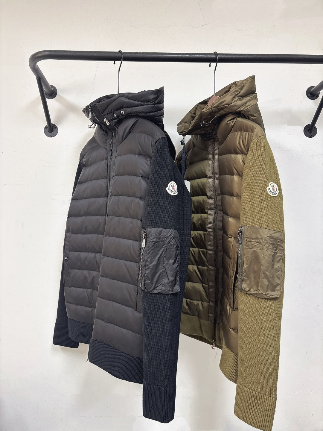 蒙口 连帽羊毛针织拼接羽绒～黑色 绿色 M-3XL