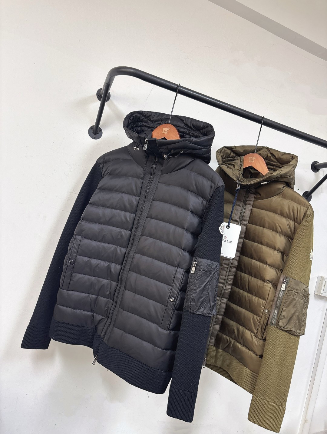 蒙口 连帽羊毛针织拼接羽绒～黑色 绿色 M-3XL