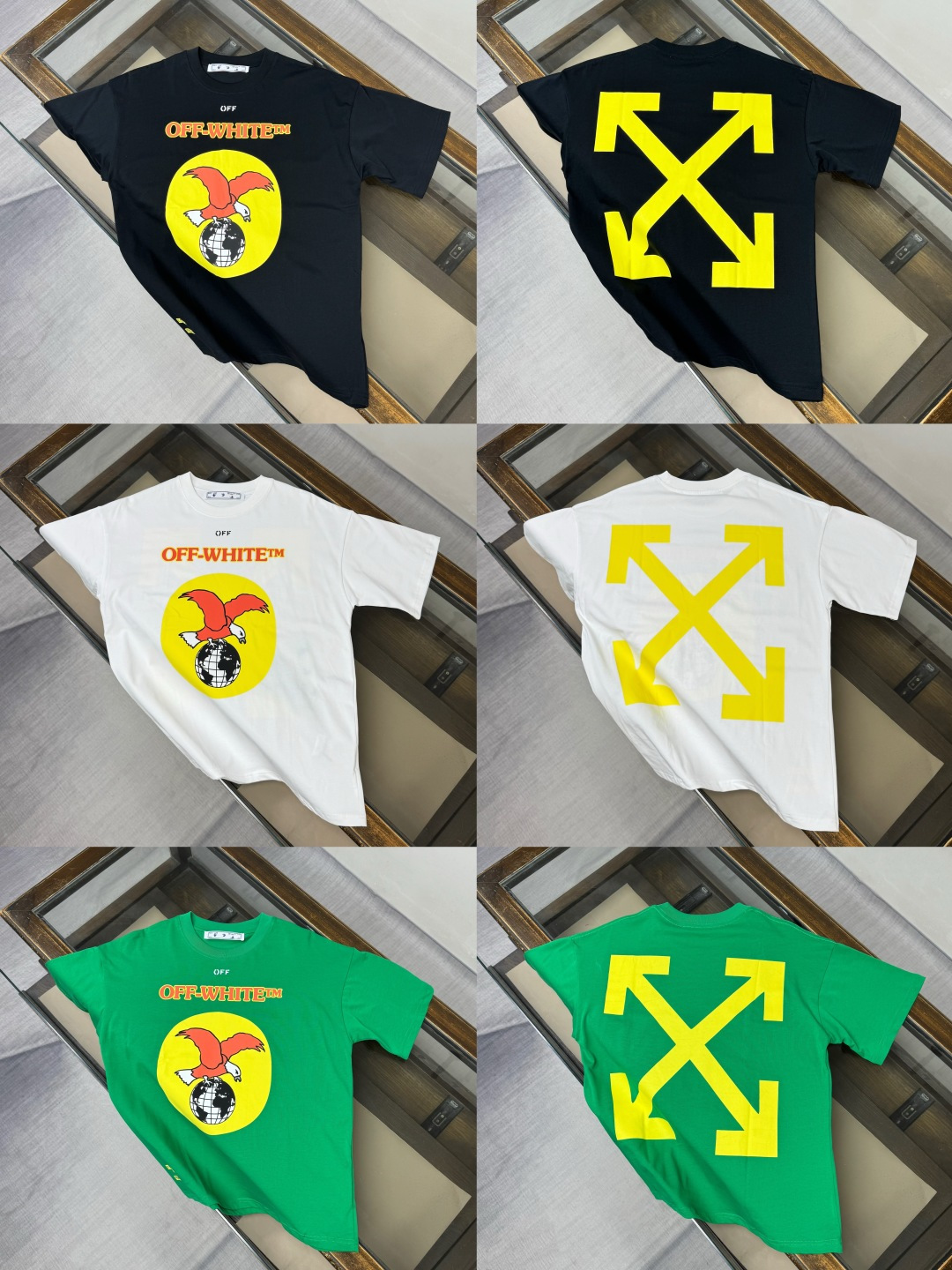 P85 OFF-WHITE couple crew neck short-sleeve T-shirt~ XS S M L. Black, white, green.