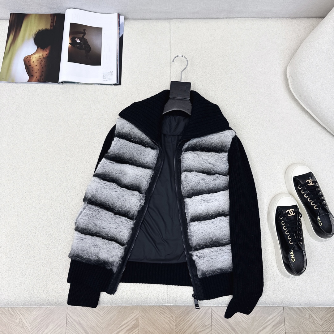 独家款～lp🆕 25Ss————秋冬最新款翻领针织拼接渐变羽绒服🖤定制尼龙+羊毛针织面料+环保仿水貂皮草