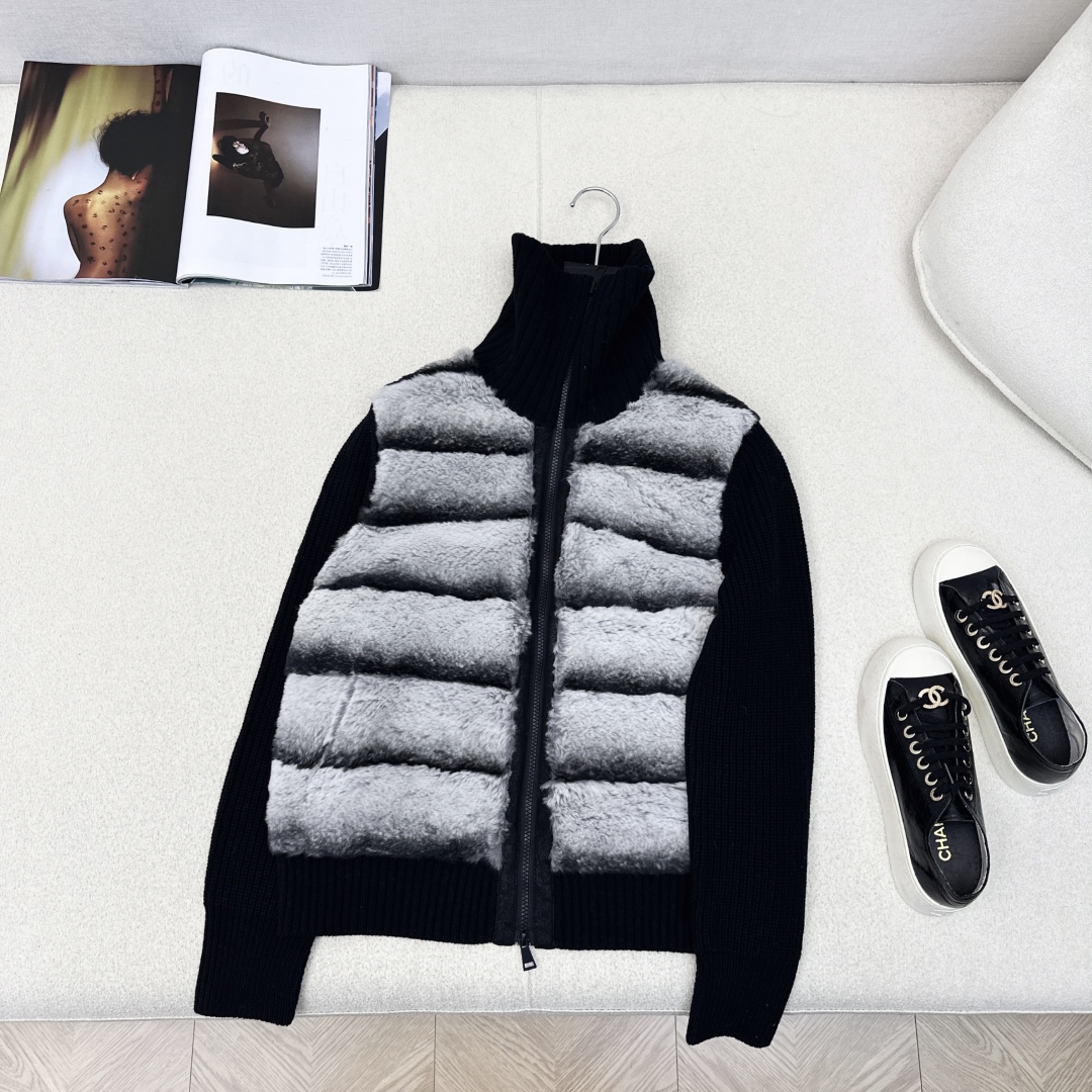 独家款～lp🆕 25Ss————秋冬最新款翻领针织拼接渐变羽绒服🖤定制尼龙+羊毛针织面料+环保仿水貂皮草