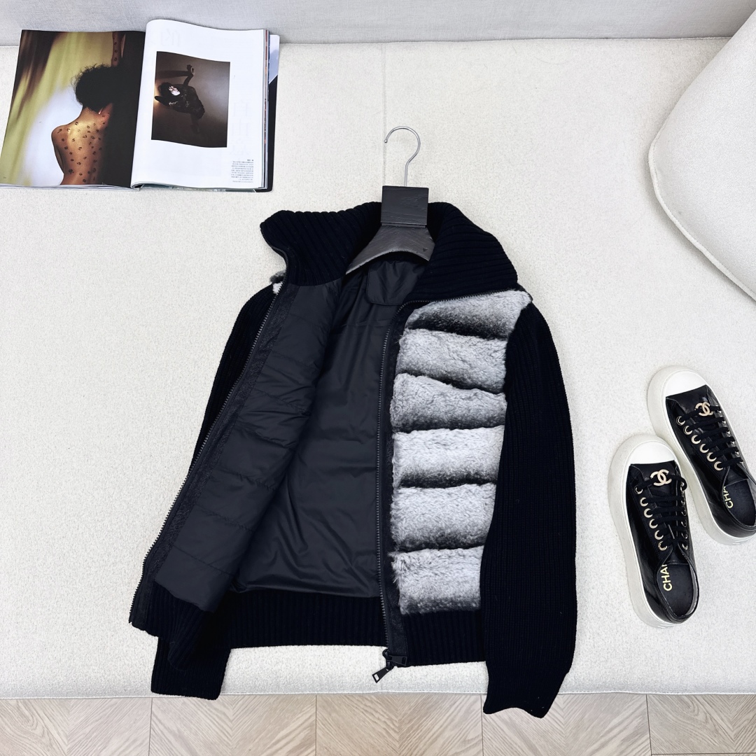 独家款～lp🆕 25Ss————秋冬最新款翻领针织拼接渐变羽绒服🖤定制尼龙+羊毛针织面料+环保仿水貂皮草
