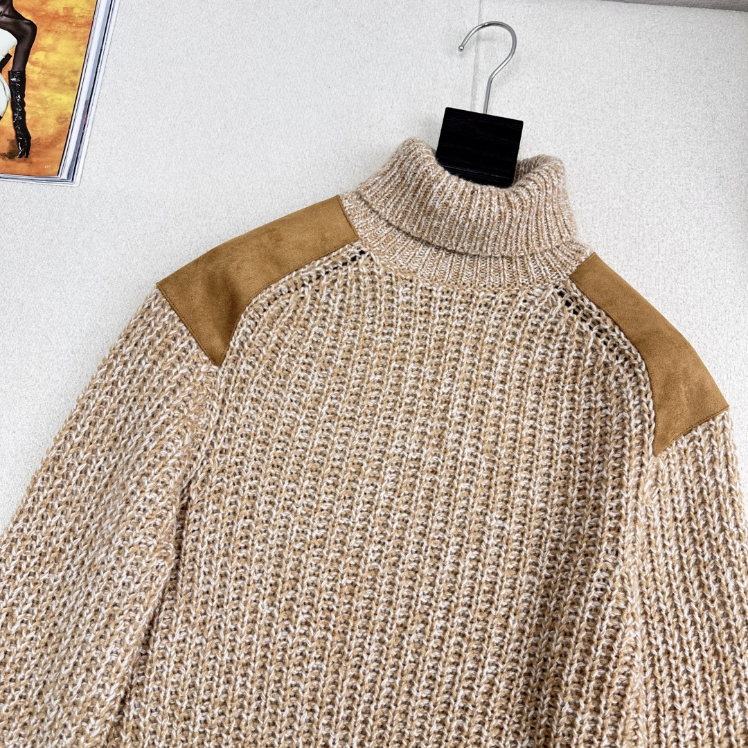 老钱风穿搭 lp🆕 25Ss————秋冬最新款美拉徳穿搭气质高领肩布车皮毛衣🤎花纱横条勾花设计 高领经典