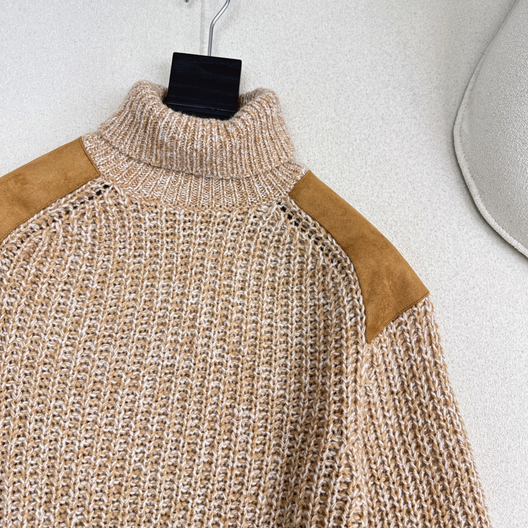 老钱风穿搭 lp🆕 25Ss————秋冬最新款美拉徳穿搭气质高领肩布车皮毛衣🤎花纱横条勾花设计 高领经典