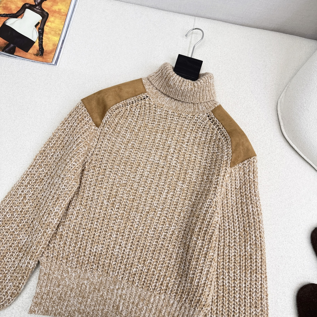 老钱风穿搭 lp🆕 25Ss————秋冬最新款美拉徳穿搭气质高领肩布车皮毛衣🤎花纱横条勾花设计 高领经典