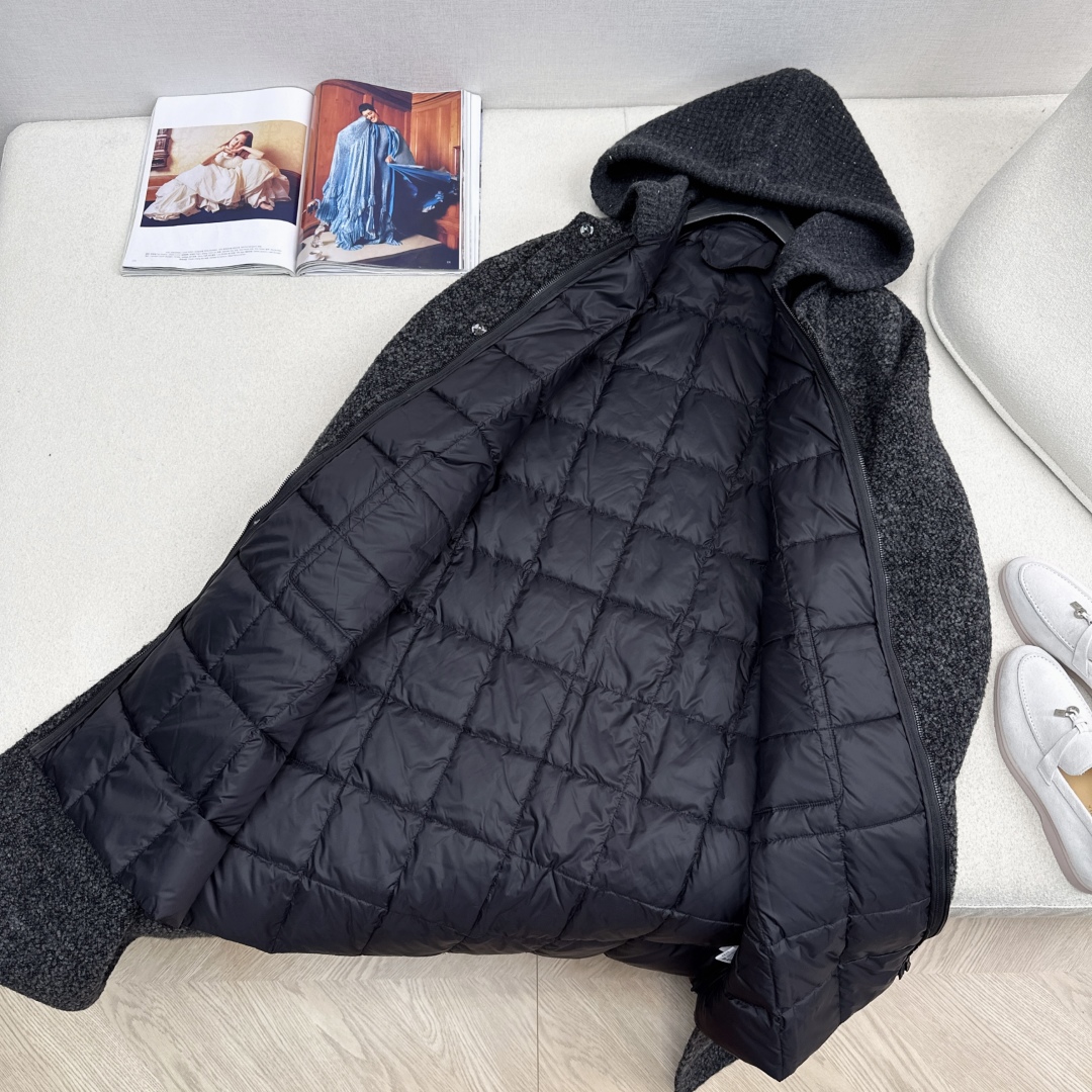 高端原单品质 独家首发 lp🆕 25Ss——秋冬新品 两件套设计针织拼接连帽羽绒内胆双面羊绒大衣🤍 老钱