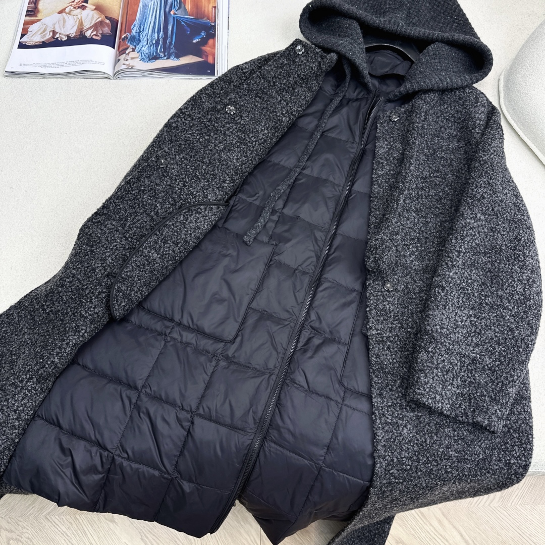 高端原单品质 独家首发 lp🆕 25Ss——秋冬新品 两件套设计针织拼接连帽羽绒内胆双面羊绒大衣🤍 老钱