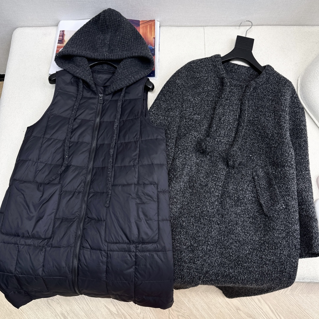 高端原单品质 独家首发 lp🆕 25Ss——秋冬新品 两件套设计针织拼接连帽羽绒内胆双面羊绒大衣🤍 老钱