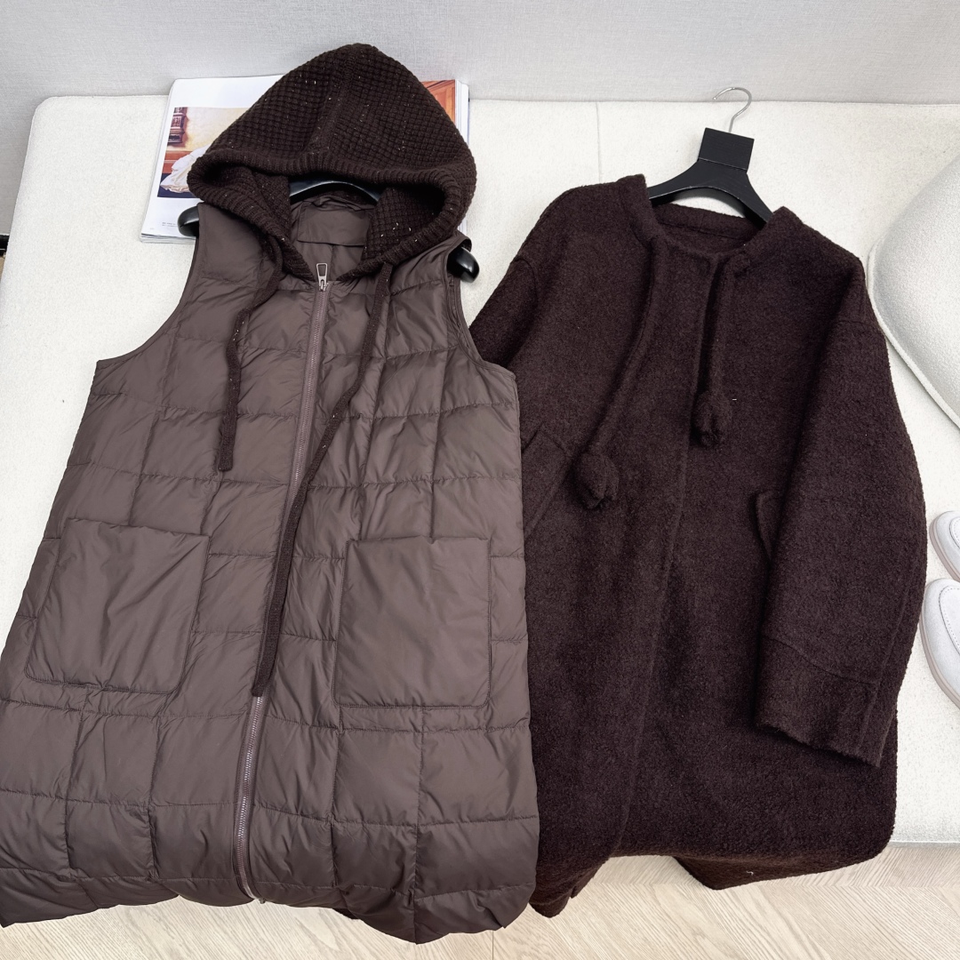 高端原单品质 独家首发 lp🆕 25Ss——秋冬新品 两件套设计针织拼接连帽羽绒内胆双面羊绒大衣🤍 老钱
