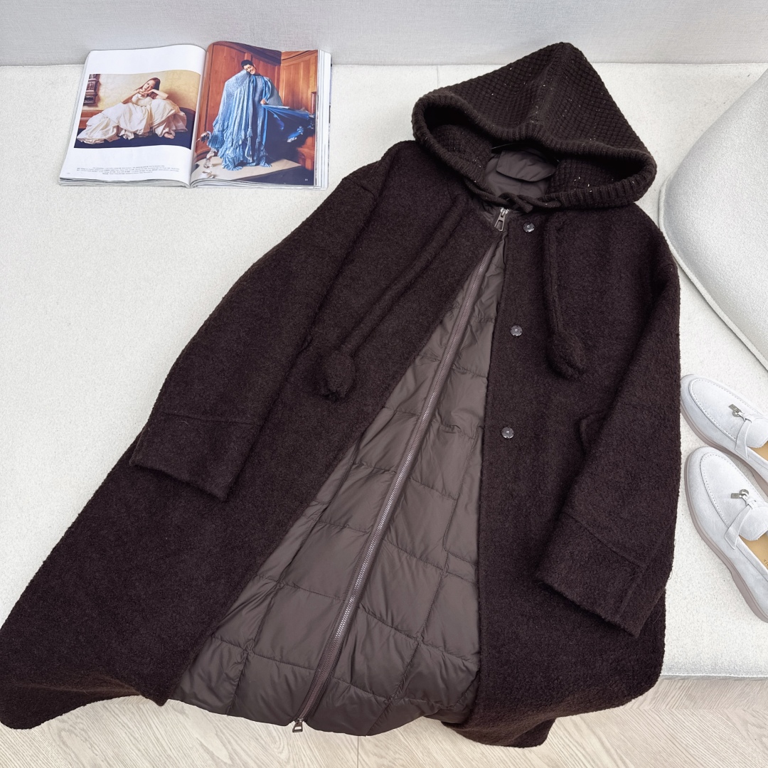 高端原单品质 独家首发 lp🆕 25Ss——秋冬新品 两件套设计针织拼接连帽羽绒内胆双面羊绒大衣🤍 老钱