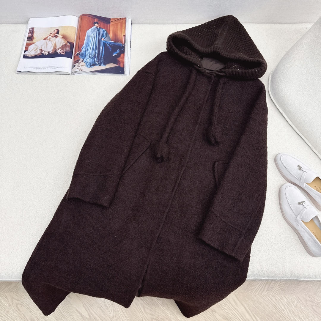 高端原单品质 独家首发 lp🆕 25Ss——秋冬新品 两件套设计针织拼接连帽羽绒内胆双面羊绒大衣🤍 老钱