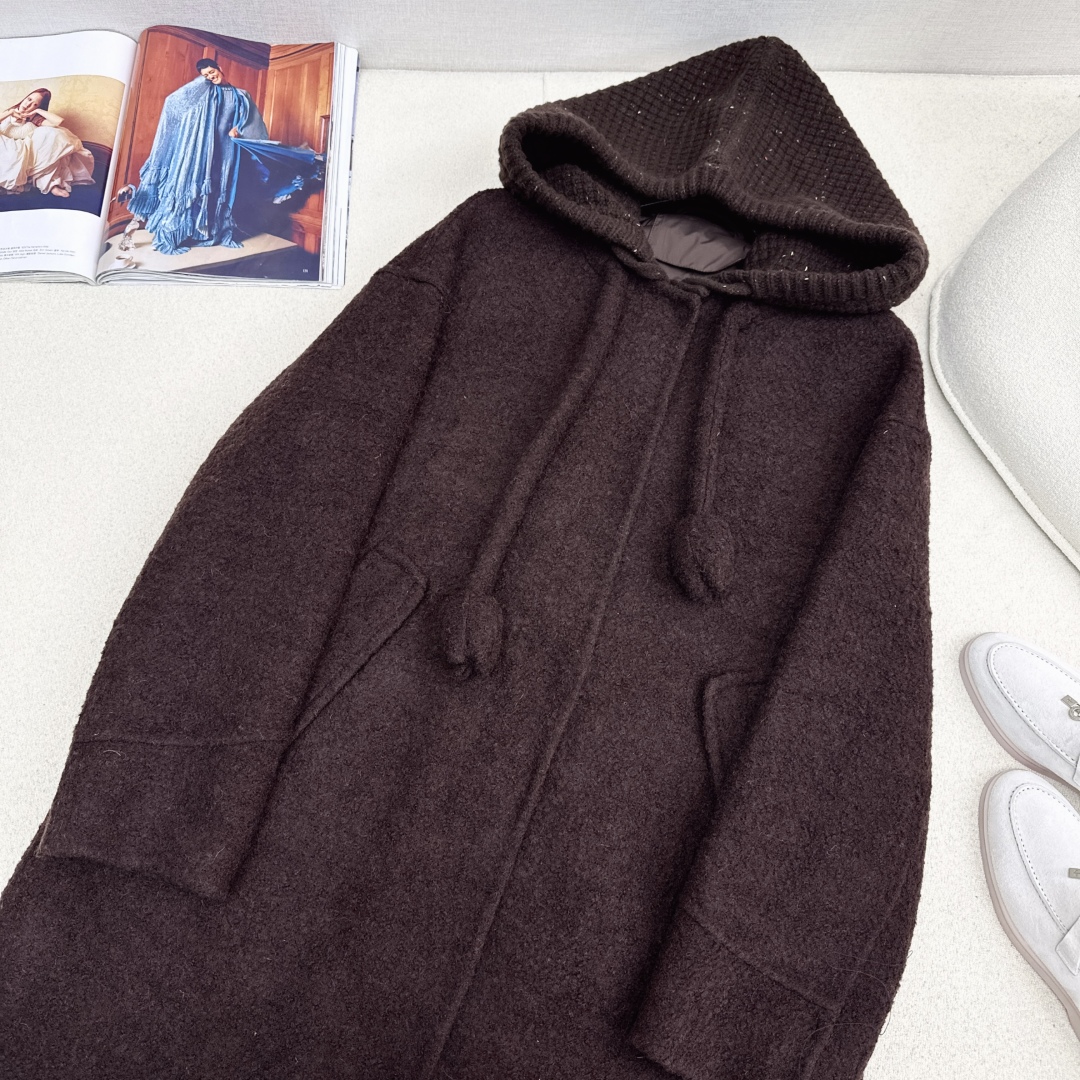 高端原单品质 独家首发 lp🆕 25Ss——秋冬新品 两件套设计针织拼接连帽羽绒内胆双面羊绒大衣🤍 老钱