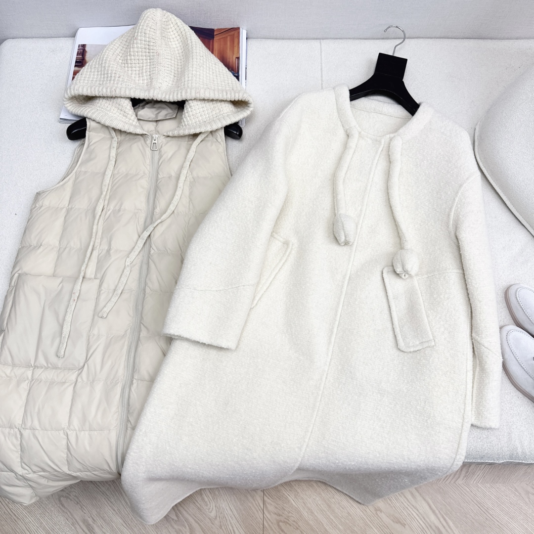 高端原单品质 独家首发 lp🆕 25Ss——秋冬新品 两件套设计针织拼接连帽羽绒内胆双面羊绒大衣🤍 老钱