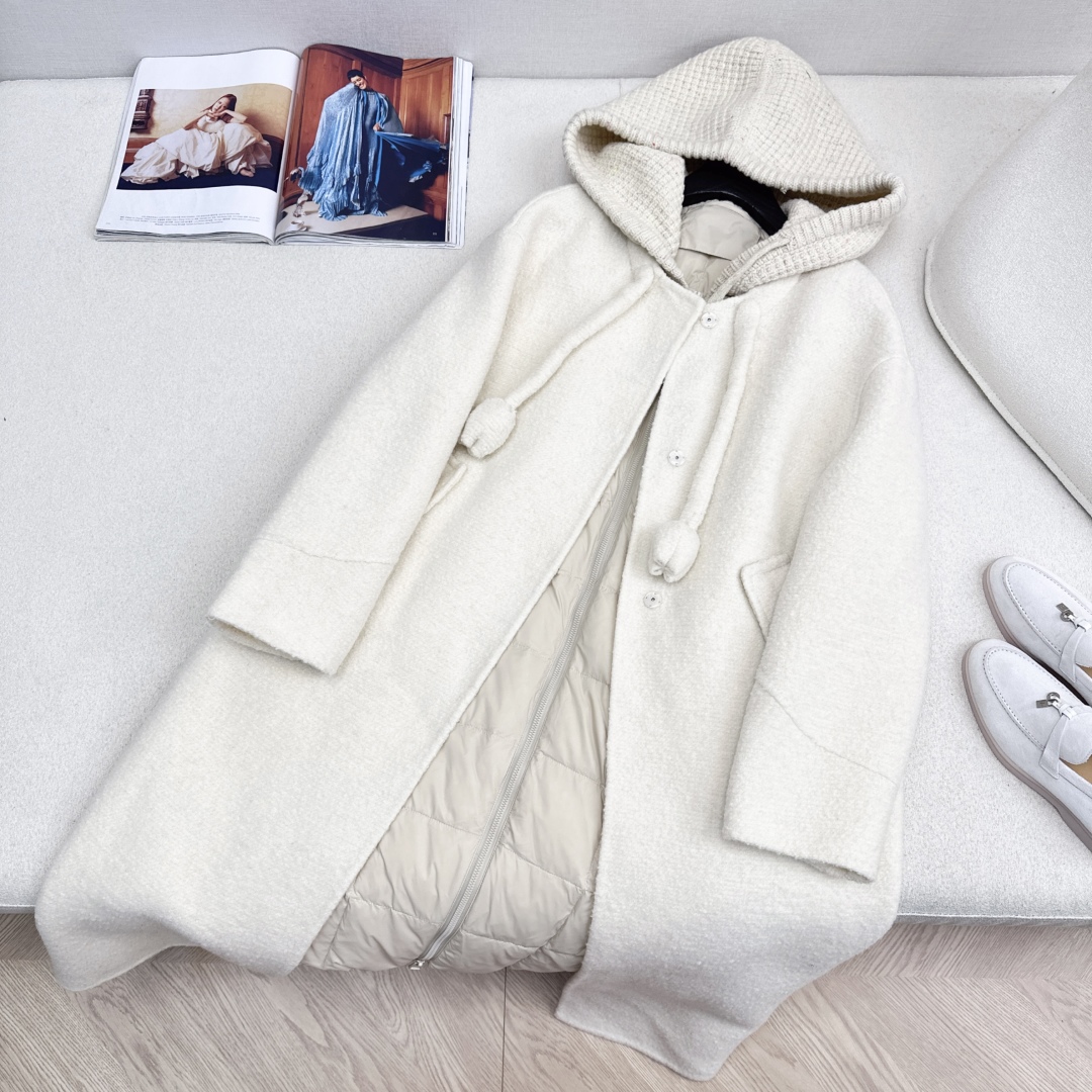 高端原单品质 独家首发 lp🆕 25Ss——秋冬新品 两件套设计针织拼接连帽羽绒内胆双面羊绒大衣🤍 老钱