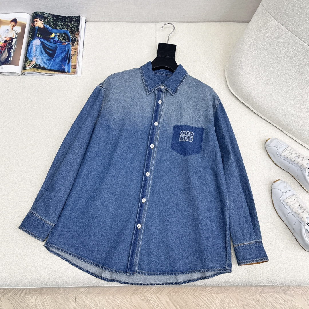 Miu Denim Shirt with Embroidered Logo – Chic & Versatile Fall Style