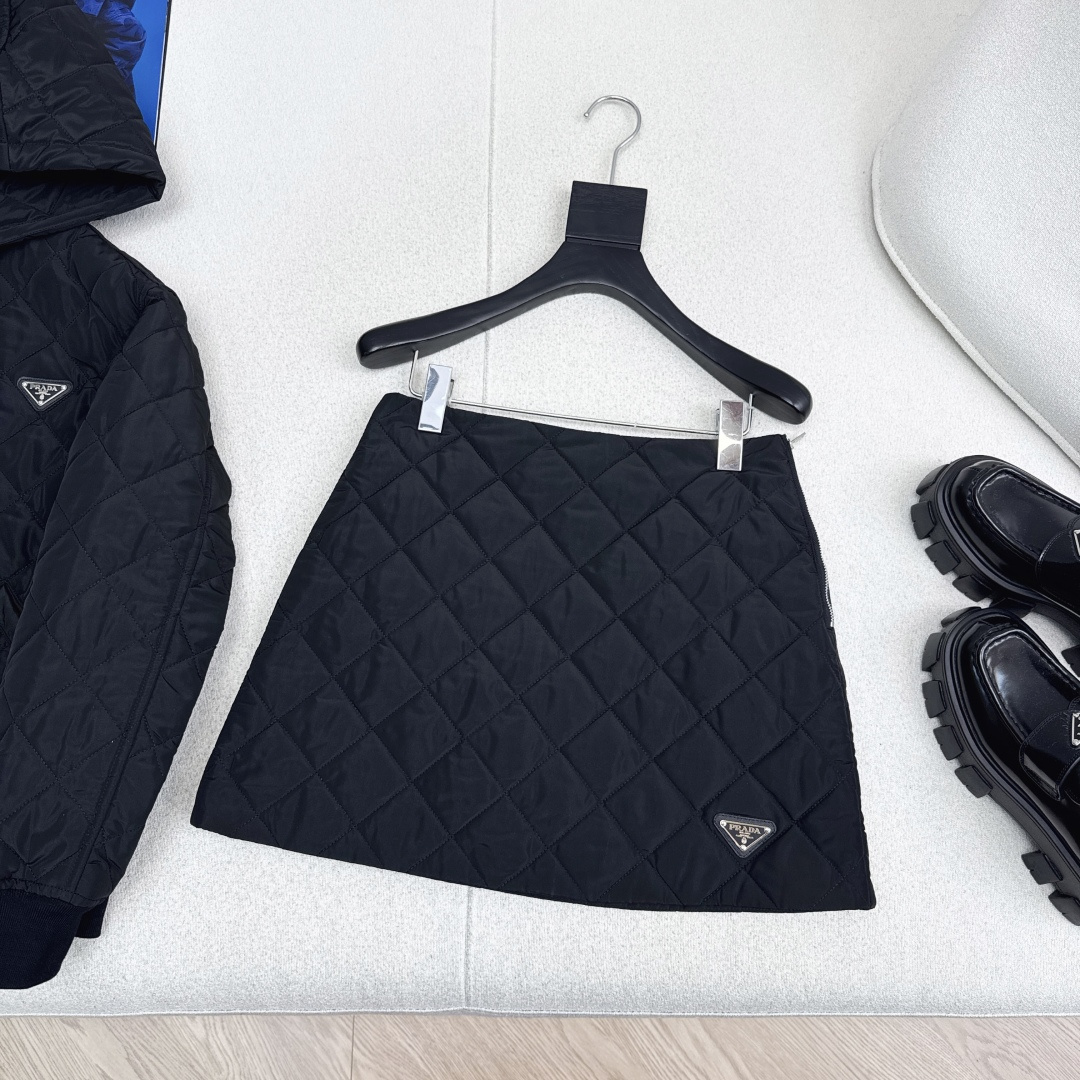 Prada Quilted Mini Skirt, High-Waisted A-Line, Recycled Nylon, Black