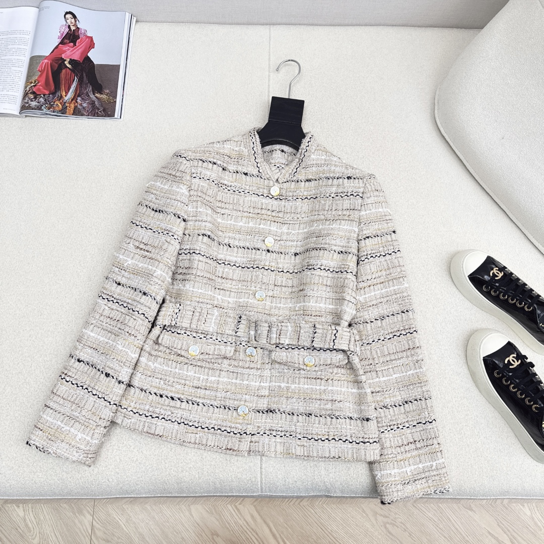 Elegant Chanel Tweed Jacket, Early Autumn Style, Slim Fit with Belt, Size S-L 1 cmp i1758780933374 7363 0 0