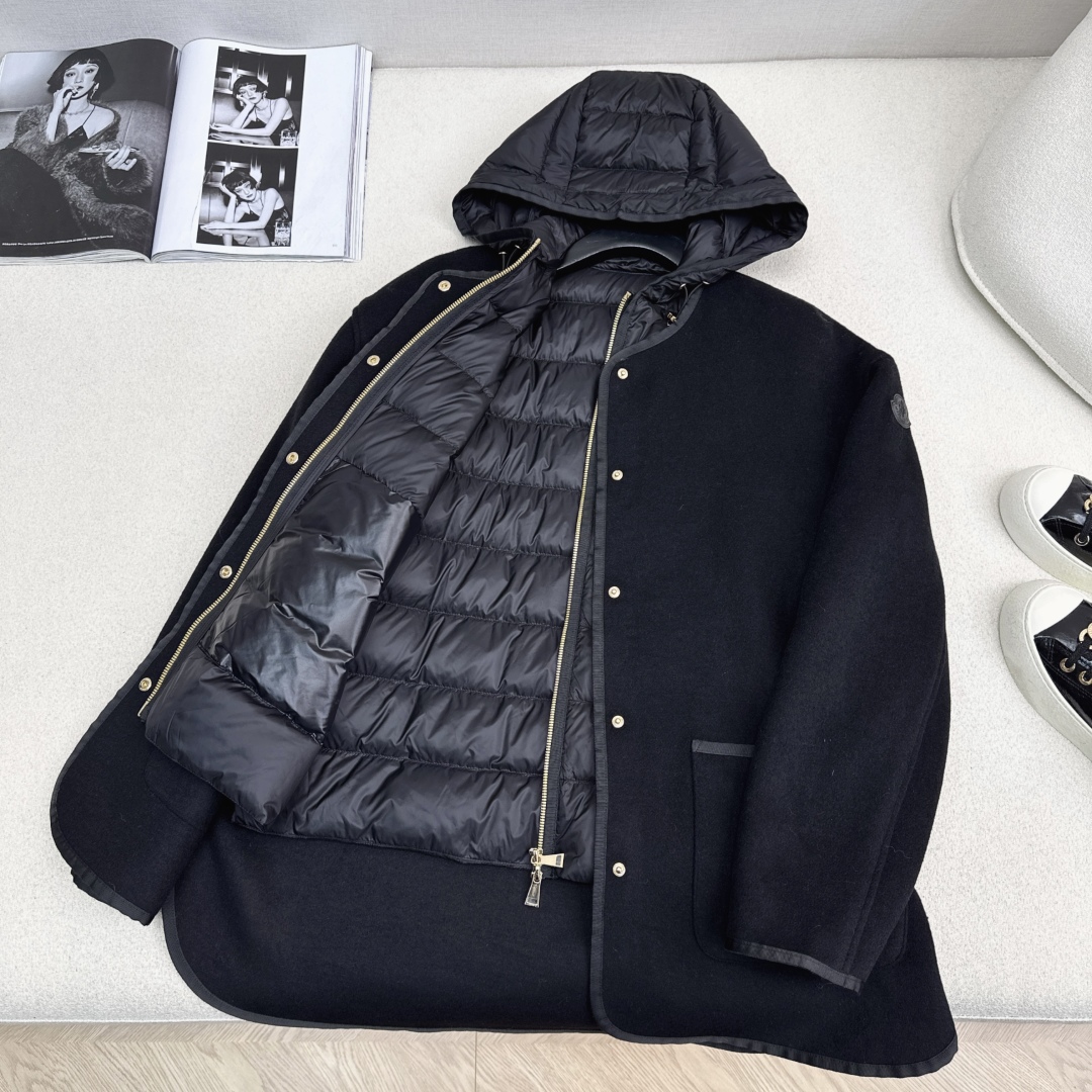 高端原单品质 MC 25Ss——秋冬新品两件套设计连帽羽绒内胆马甲双面羊绒大衣🖤 老钱风穿搭 经典H宽松
