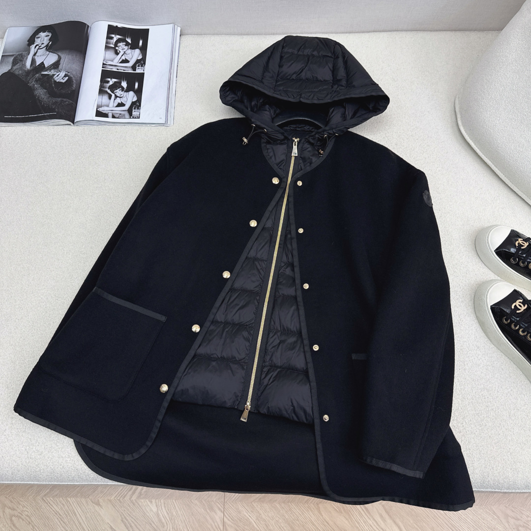 高端原单品质 MC 25Ss——秋冬新品两件套设计连帽羽绒内胆马甲双面羊绒大衣🖤 老钱风穿搭 经典H宽松