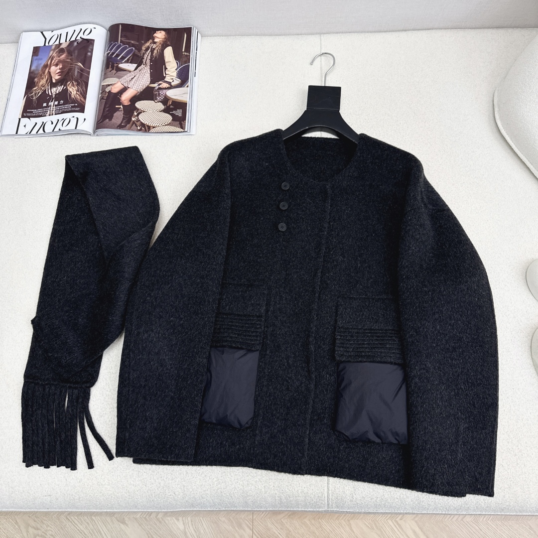 Max 25Ss———秋冬最新款双面羊绒拼接短款羽绒服外套🖤 配送可拆卸流苏围巾 立体裁剪优雅知性风 国