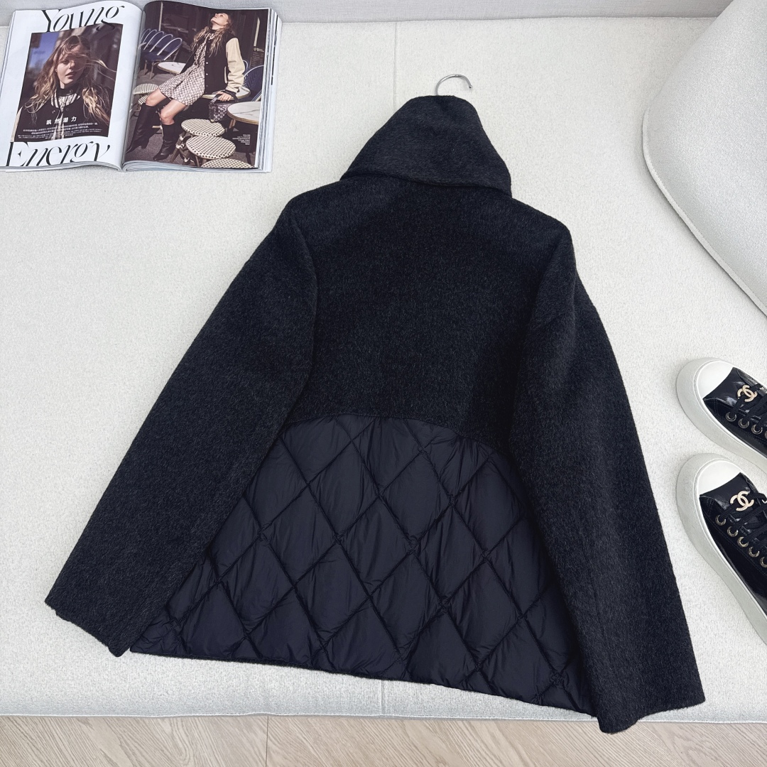 Max 25Ss———秋冬最新款双面羊绒拼接短款羽绒服外套🖤 配送可拆卸流苏围巾 立体裁剪优雅知性风 国