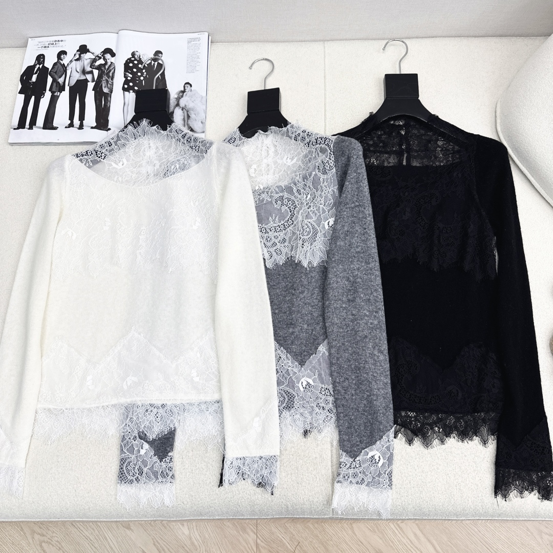 Es 25Ss————早秋最新款蕾丝拼接长袖毛衣🤍 百分百优质羊毛面料 精致拼接蕾丝花边若隐若现的透肤 