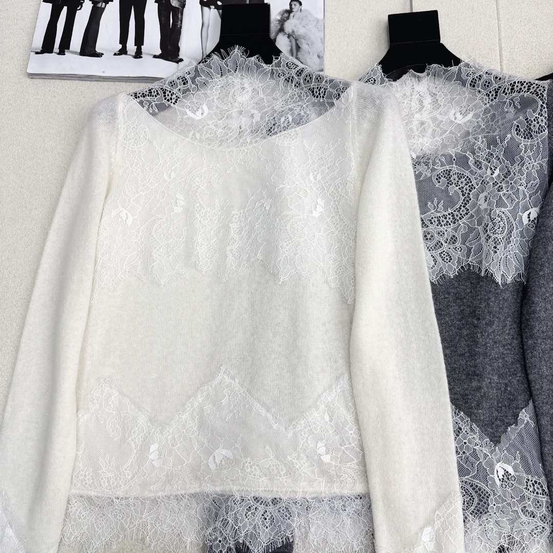 Es 25Ss————早秋最新款蕾丝拼接长袖毛衣🤍 百分百优质羊毛面料 精致拼接蕾丝花边若隐若现的透肤 