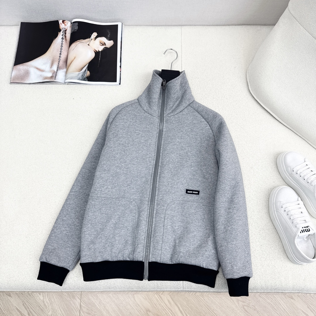 Miu Miu Gray Fleece Zip-Up Jacket, Lightweight and Warm Outerwear