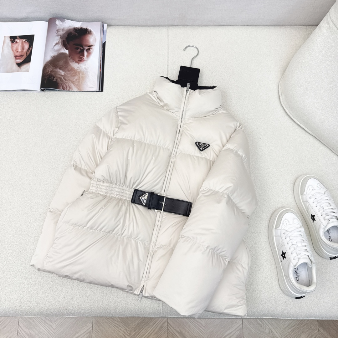 PD Down Padded Coat with Belted Waist and Stand Collar Winter Outerwear