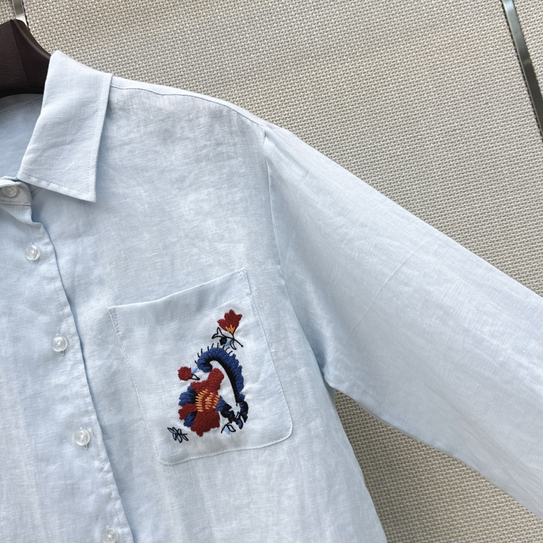 lp🆕 26Ss————春夏最新款花卉刺绣口袋亚麻衬衫🩵重工定位立体刺绣工艺 低调奢华细节感满满 进口亚