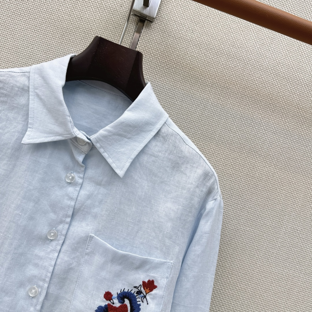 lp🆕 26Ss————春夏最新款花卉刺绣口袋亚麻衬衫🩵重工定位立体刺绣工艺 低调奢华细节感满满 进口亚