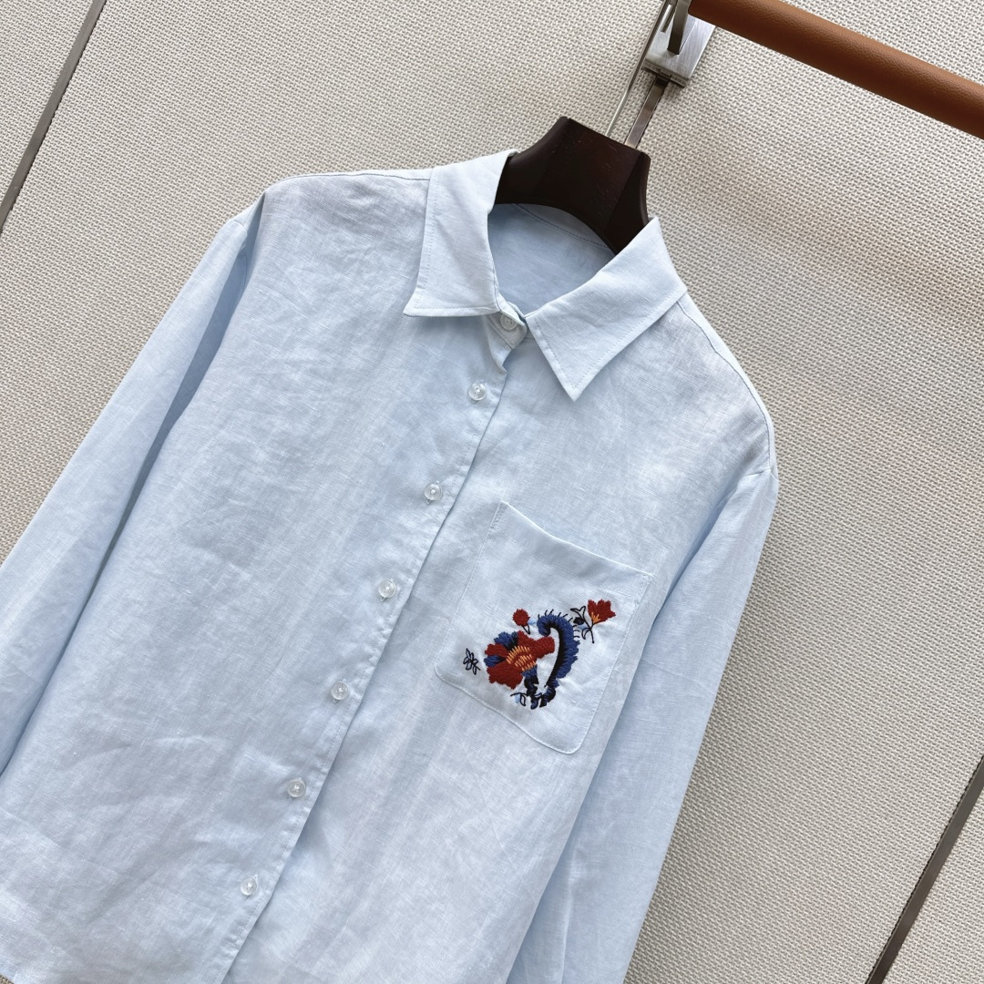 lp🆕 26Ss————春夏最新款花卉刺绣口袋亚麻衬衫🩵重工定位立体刺绣工艺 低调奢华细节感满满 进口亚