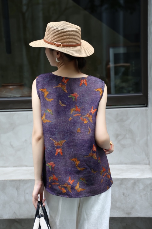 Butterfly Print Sleeveless Silk Blend Vest Top - Vintage Style Blouse 1 Butterfly Print Sleeveless Silk Blend Vest Top - Vintage Style Blouse