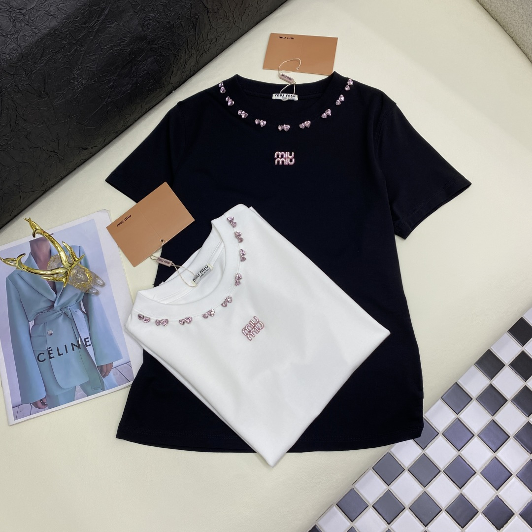 Miu Miu Women's Cotton T-Shirt with Rhinestone Embellishments, Sizes S-L