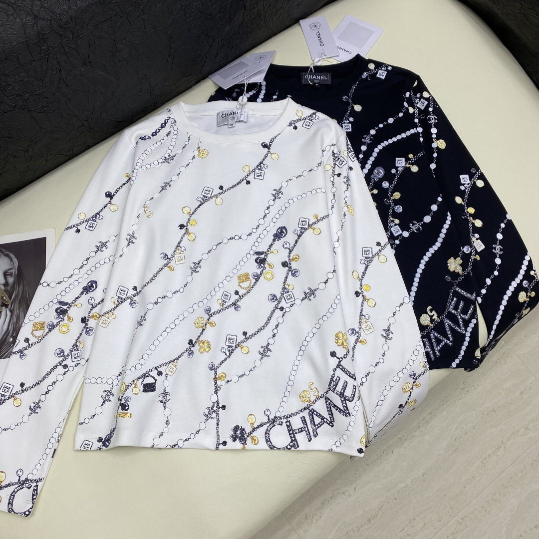 Chanel Women's Printed Long Sleeve T-Shirt, Soft Cotton Fabric, Round Neck