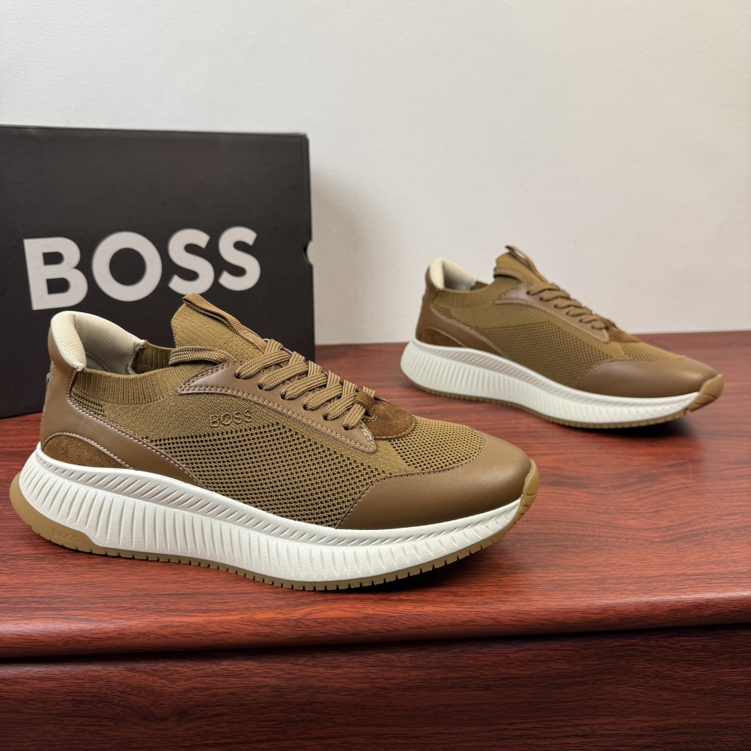 NO:782322,Batch BOSS TTNM EVO Knitted Upper Sneakers. The counter is synchronized with the new ultra-light thick-soled fly knit upper breathable running shoes! These running-style BOSS men's sneakers are made of a variety of materials, including leather trim, to create a unique silhouette. Lightweight ridged outsole. Fully knitted wrapped shoe collar, lightweight and breathable, fit the foot, bringing a comfortable wearing experience. Knitted BOSS logo details Composite stitching calfskin patch on the heel, embellished with rubber label three-color logo heel details  Full mesh lining with ultra-light rubber soles, excellent breathability and elasticity, original factory molded color matching rubber backing layer, complete package ready for shipment!  Size 39-40-41-42-43-44 (customized at 45.46) leather shoe size item number 50523113 yellow brown,,sneakers,cowhide19860909批 BOSS TTNM EVO针织鞋面运动鞋 专柜同步新款 超轻厚底飞织鞋面透气跑步鞋! 这些跑步风格的BOSS男式运动鞋采用多种材料,包括皮革镶边,打造出独特的轮廓.轻质脊状外底.,全针织包裹鞋口,轻盈透气,贴合脚部,带来舒适穿着体验.针织BOSS标志细节 后跟复合拼接小牛皮贴片,点缀胶标三色标识后跟细节 全网布内里搭配超轻橡胶鞋底,透气性能与弹力性能极好,原厂开模拼色橡胶底片层,全套包装现货出货！ 尺码39-40-41-42-43-44（45.46订做）皮鞋尺码 货号50523113 黄棕,,sneakers,cowhide,Men's shoes