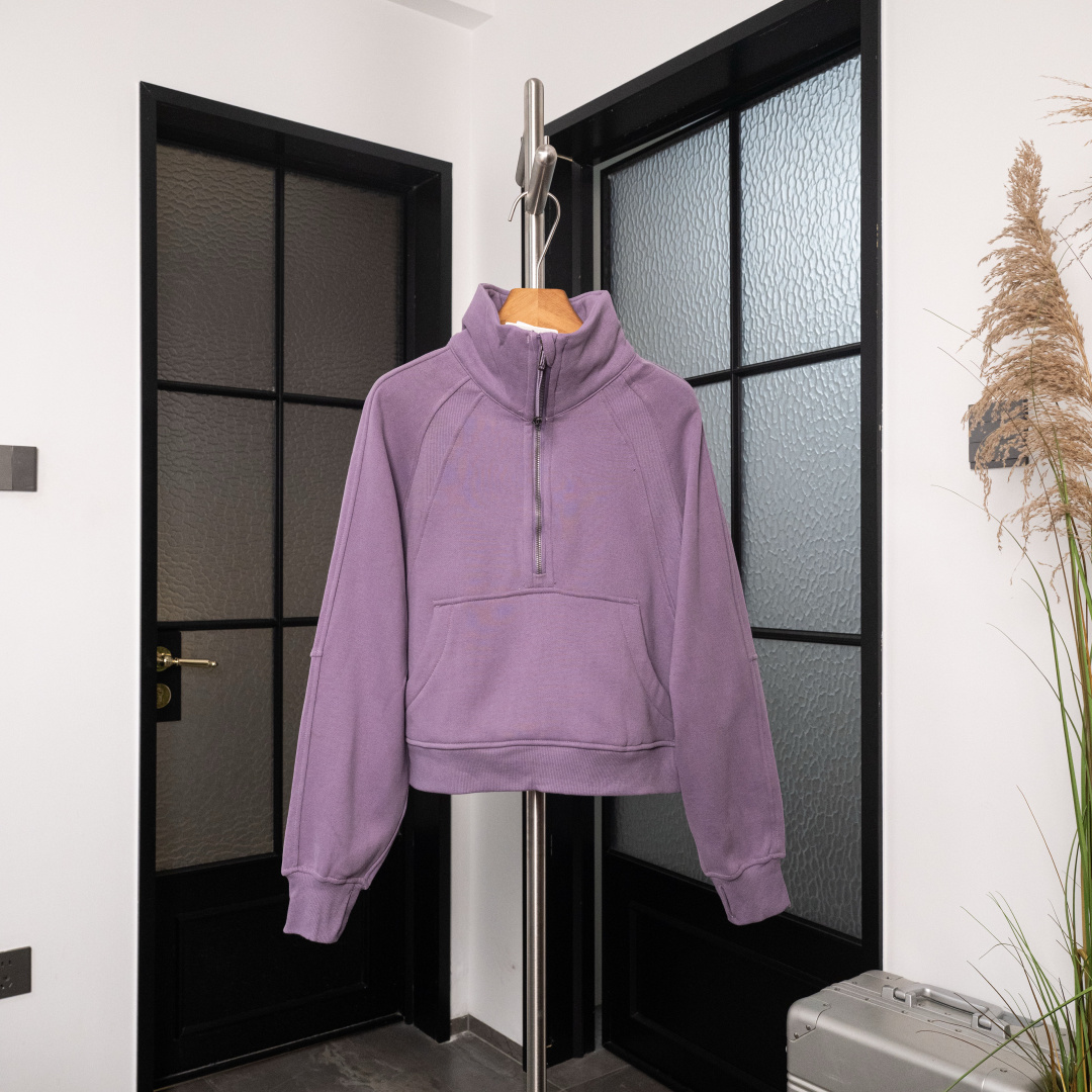 AScuba立领宽松卫衣产品配色:蒸馏咖啡、薰衣草、阴影蓝、骨百色、丝绒粉、板栗粽码数XS/S，M/L，