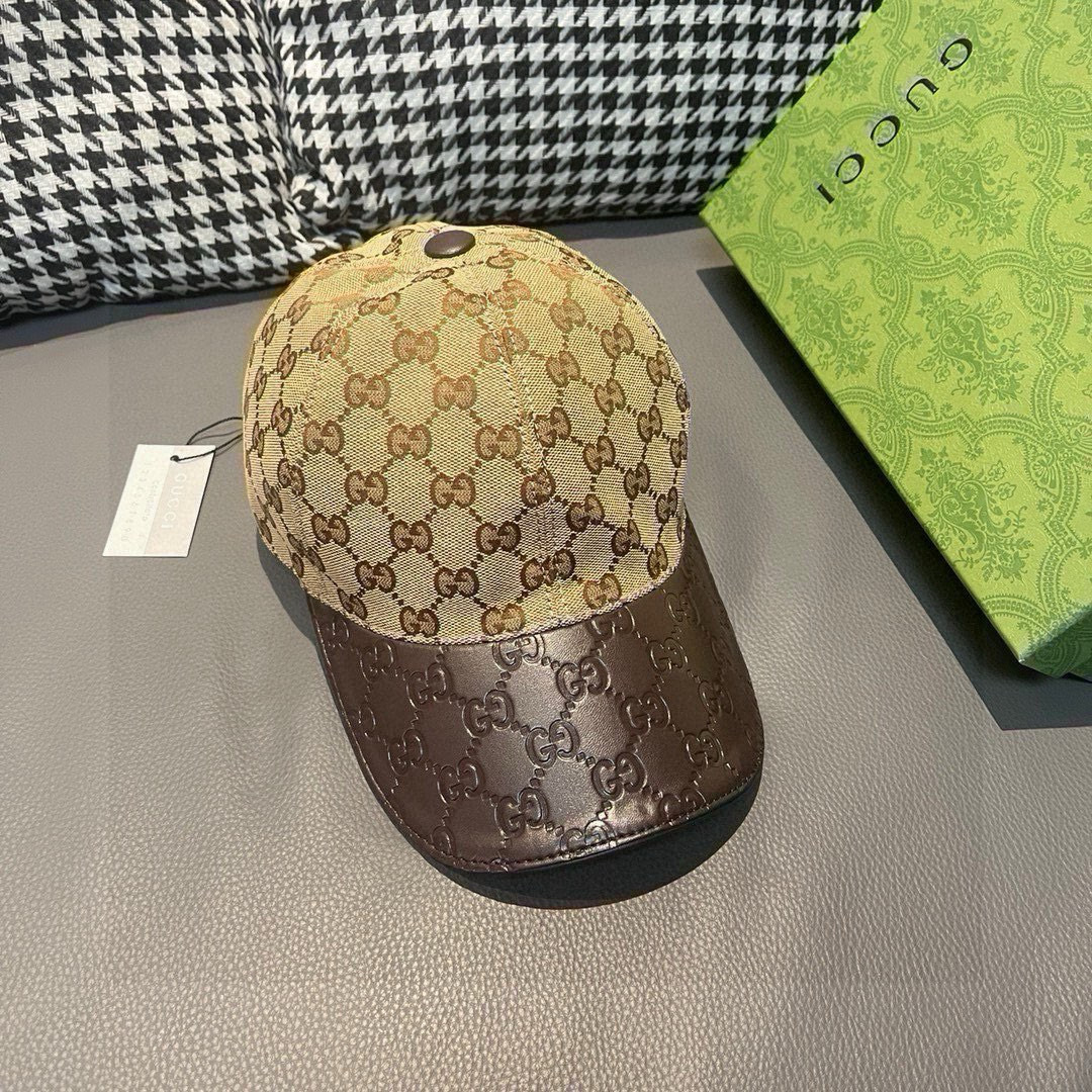 
配盒子布袋，Gucci(古奇)经典原单棒球帽，小双G牛皮拼接，11开模订制，质量超赞！帽檐头层牛皮压花